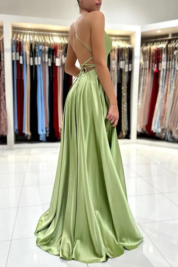 Weitese Dress A-line Sage Green Spaghetti Straps Party Dresses Lace Up Long Split Prom Dress